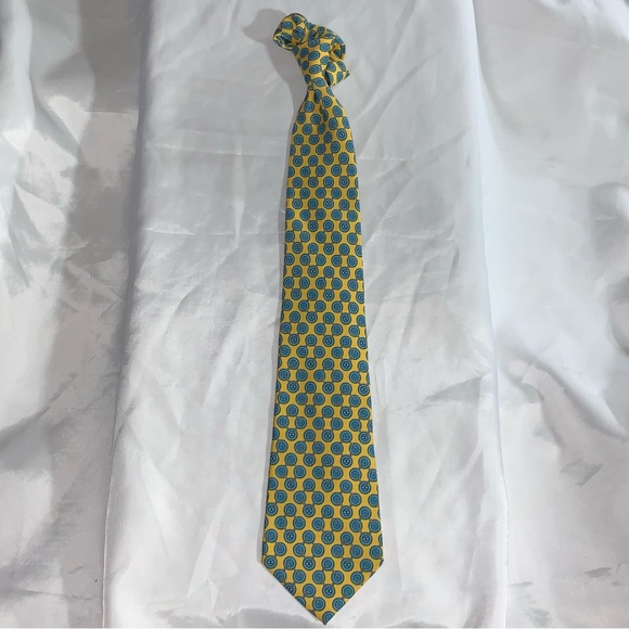 CHANEL pale yellow/blue SILK necktie CC logo CUFFLINKS print graphic - Picture 9 of 11